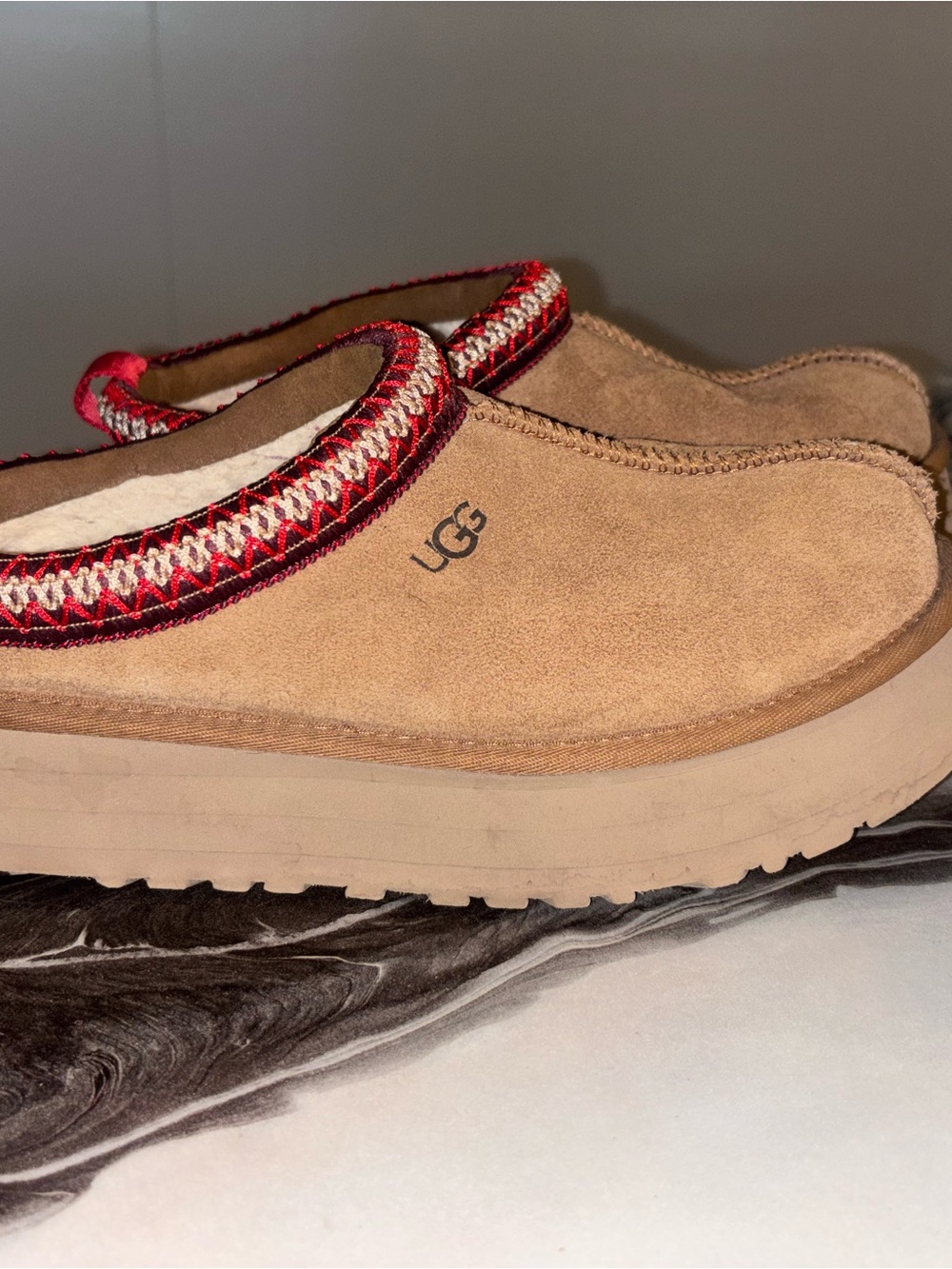 UGG Chestnut Suede Mule with Red and Cream Trim